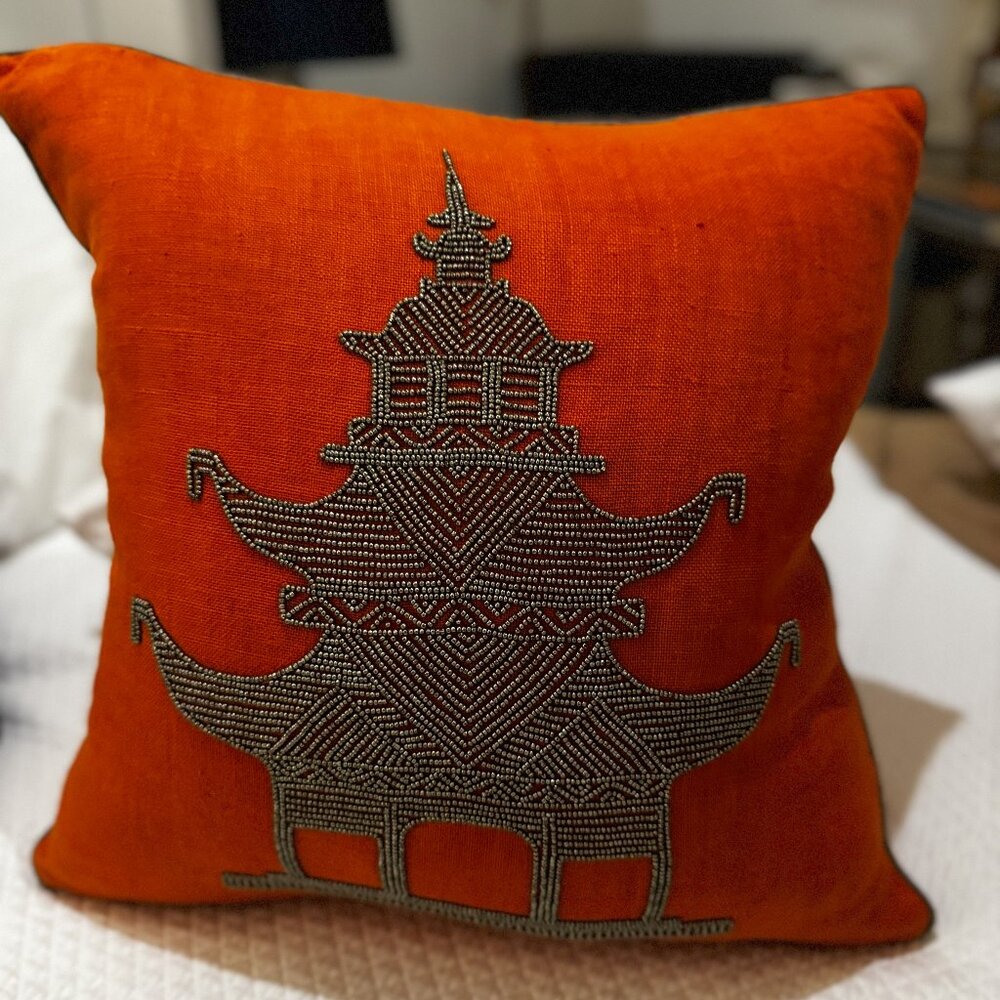 Vintage Jonathan Adler Vibrant Orange Graphite Beaded Pagoda Pillow